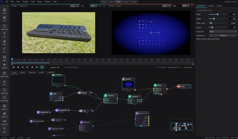 Kinestrand Create interface with 3D viewers, timeline, and node-based compositing