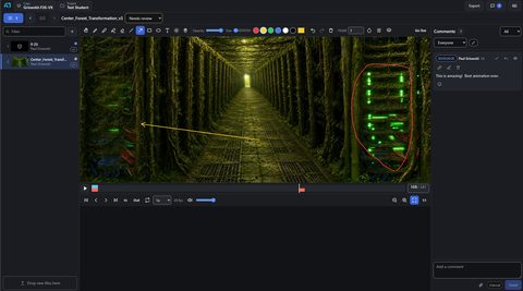 Kinestrand Dailies review interface with drawn annotations and timestamped comments