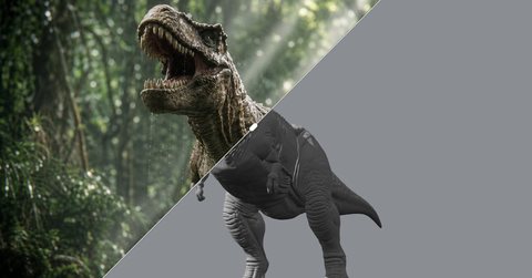 Dinosaur comparison showing a detailed photoreal image beside a gray 3D model